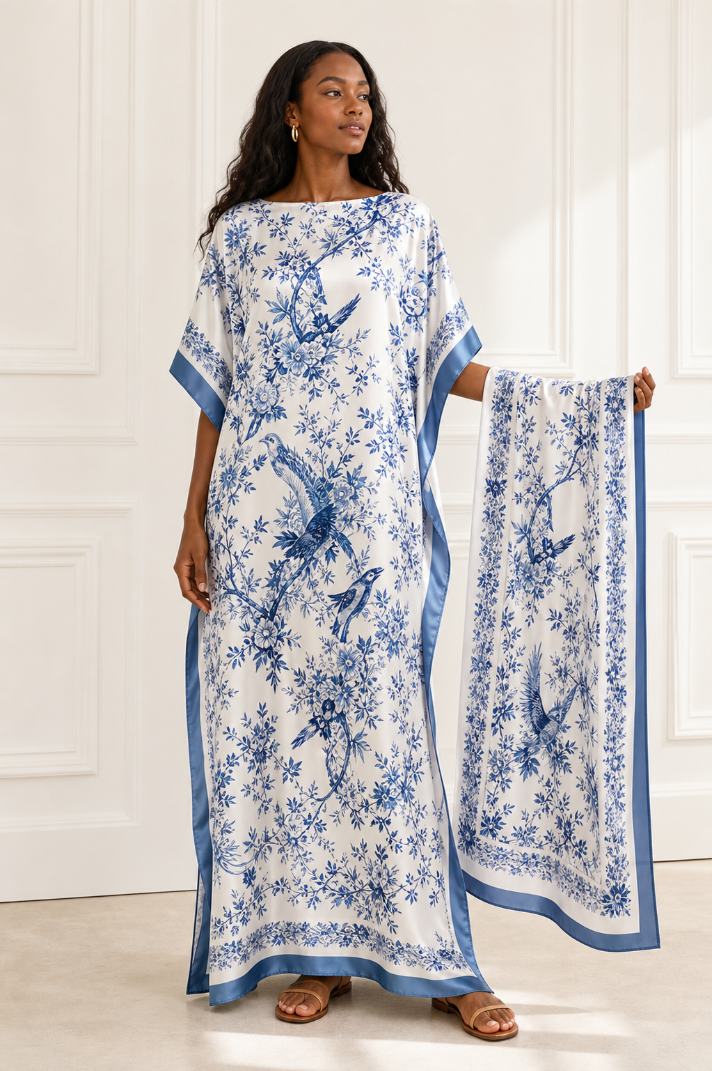 Black woman model wearing a white and blue porcelain floral print moomoo beach dress with scarf