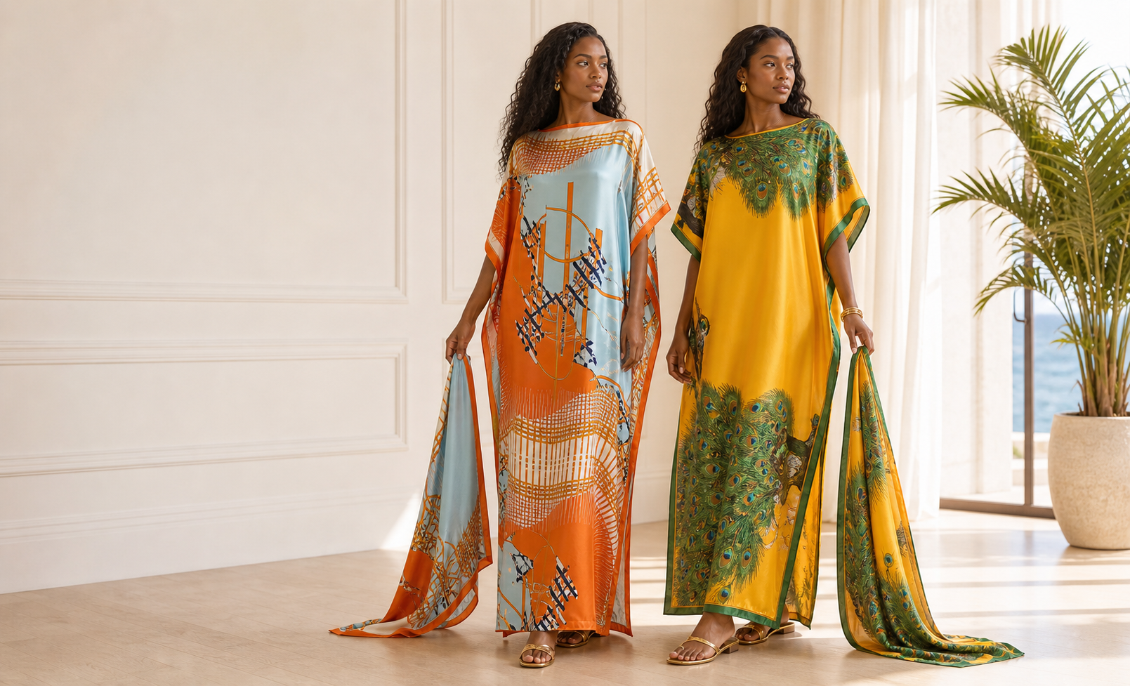 Black women models wearing colorful printed moomoo beach dress sets in a bright resort suite