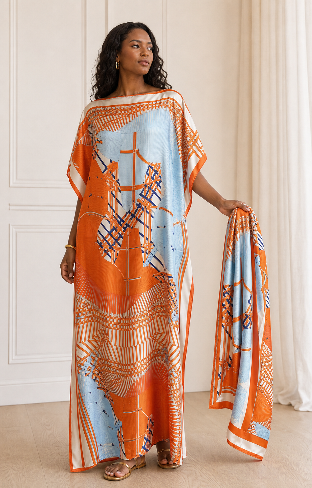 Black woman model wearing an orange and sky blue geometric print moomoo beach dress with scarf