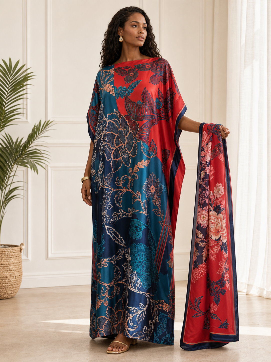 Black woman model wearing a red teal and navy floral print moomoo beach dress with scarf