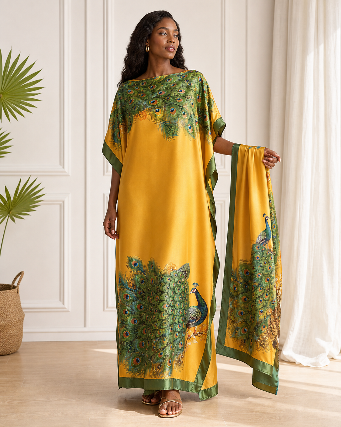 Black woman model wearing a yellow and emerald peacock print moomoo beach dress with scarf